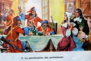 Illutstration tirée d'un ouvrage d'histoire pour enfant présentant les Dragonnades sous son angle le moins violent: le pillage des denrées alimentaires.