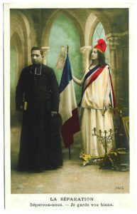 Affiche allégorique figurant la séparation de l'Eglise et de l'Etat.